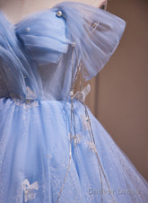 A-Line Blue Short Off Shoulder Knee Length Homecoming Dress, Blue Short Prom Dress